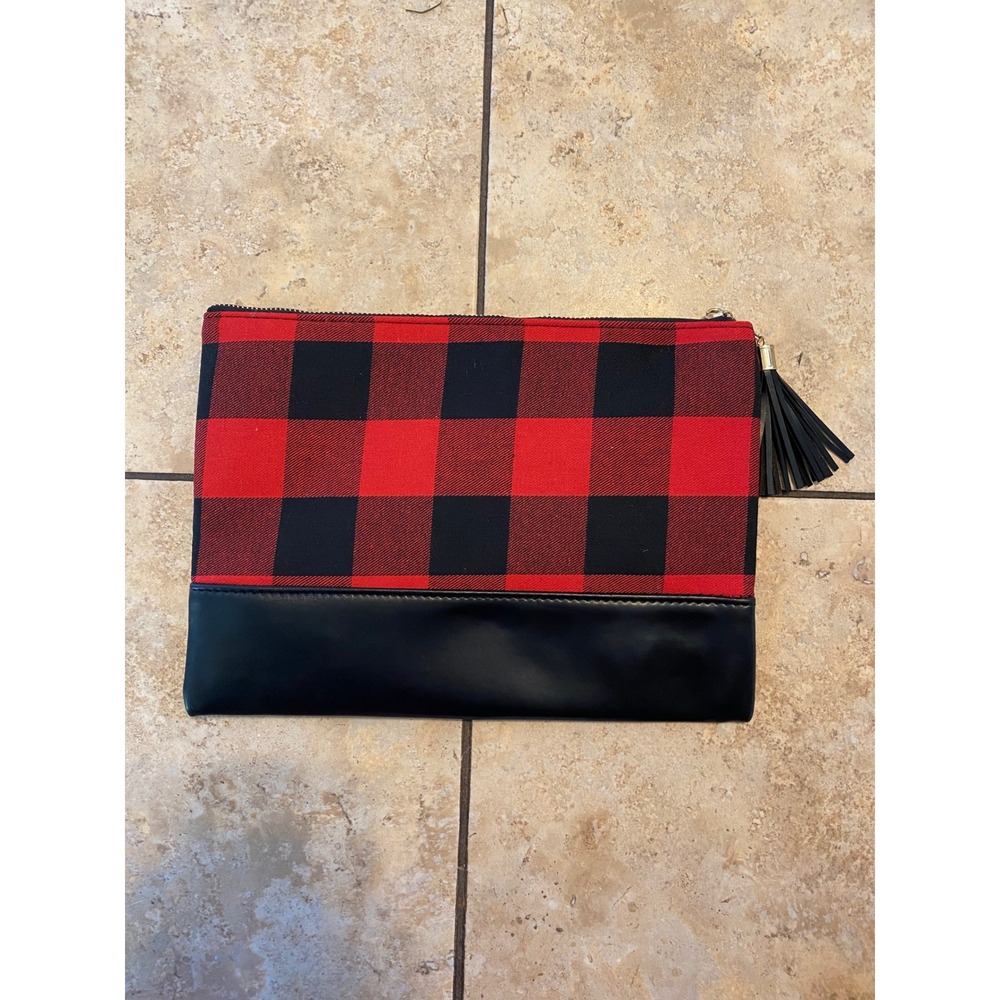 Red and Black Buffalo Plaid Tassel Clutch Bag Faux Leather Trim Zip Top